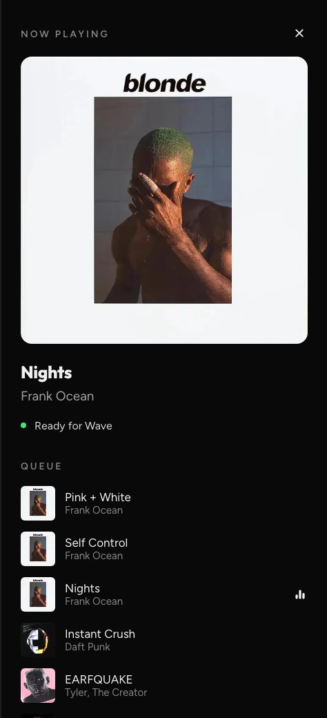 Now Playing panel — Nights by Frank Ocean, with the queue