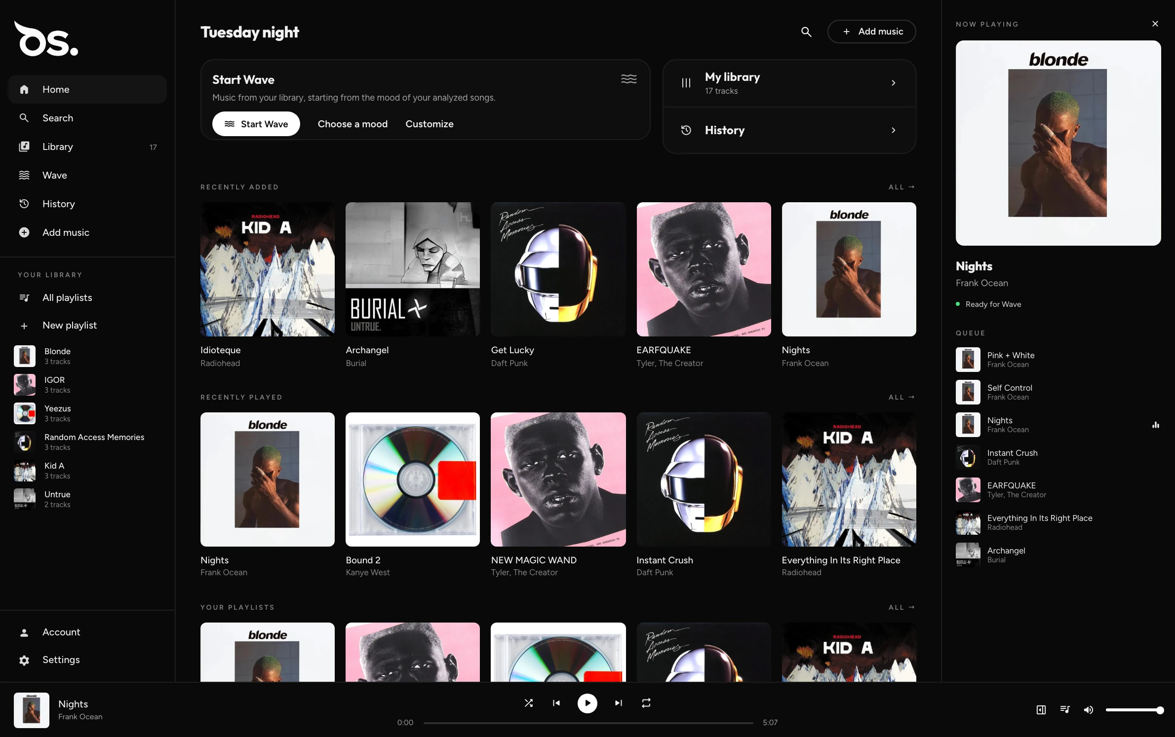 OwlSonic desktop app — Home, with Start Wave and recently added music
