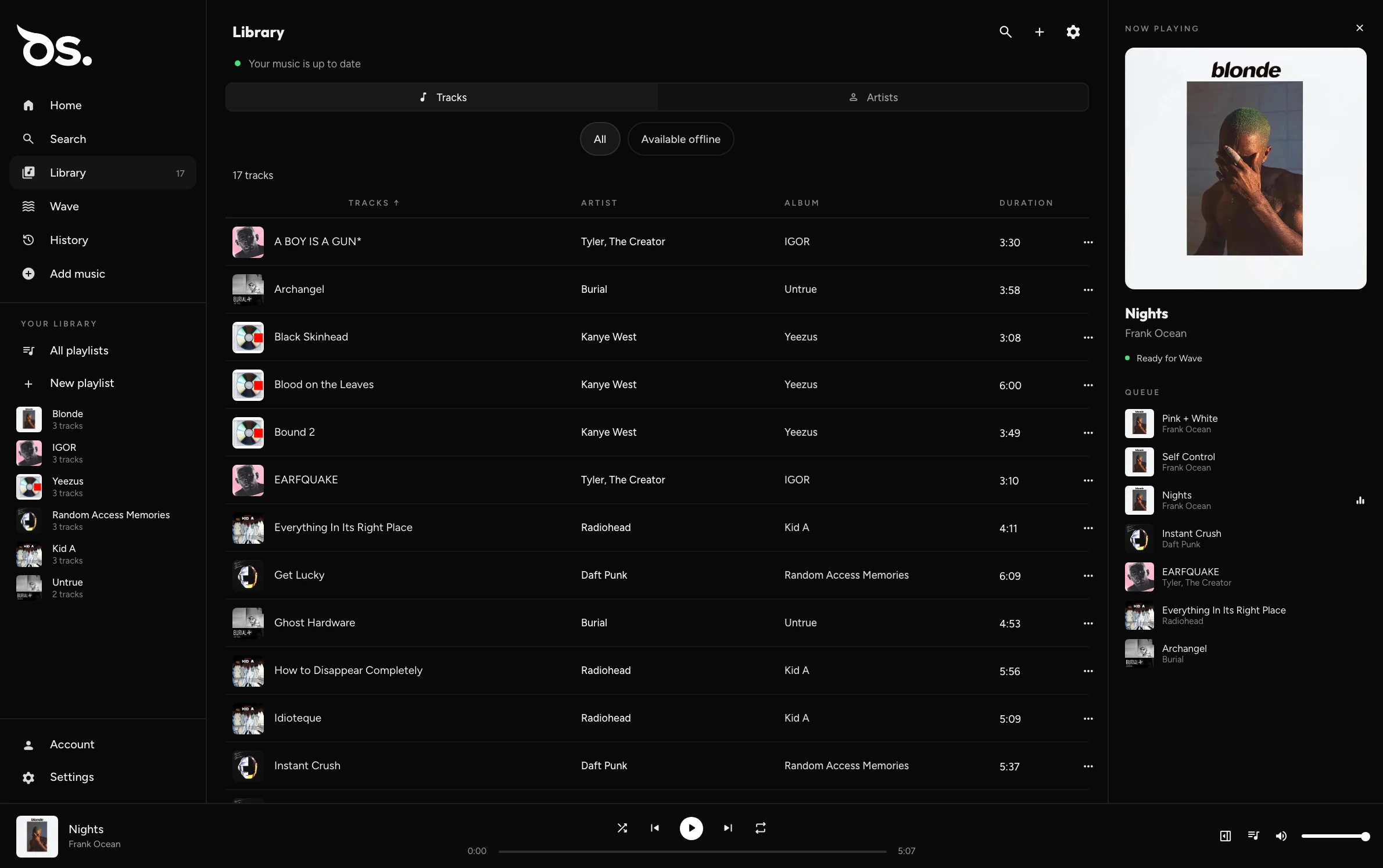 OwlSonic desktop app — Library, 17 tracks, with the Now Playing panel