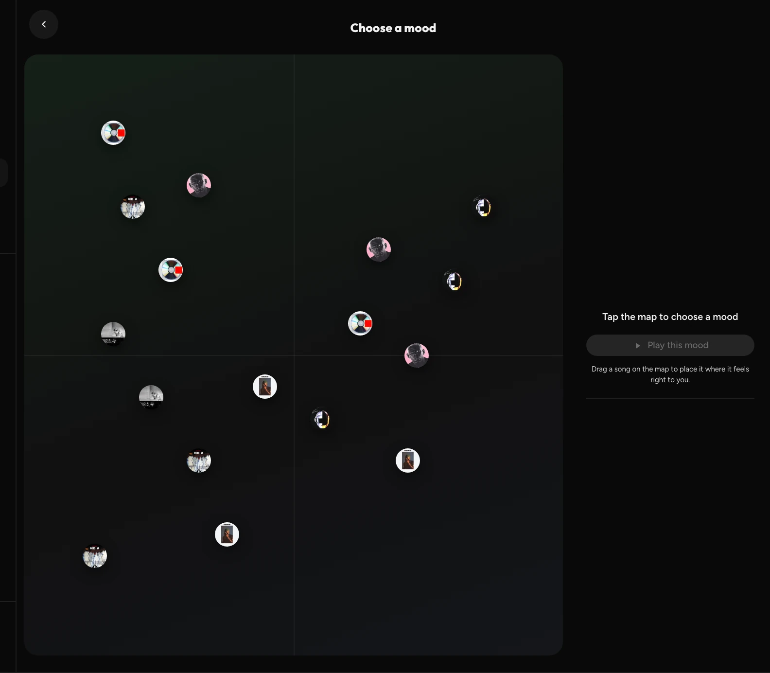 OwlSonic desktop app — Choose a mood: tracks laid out on a map by energy and brightness
