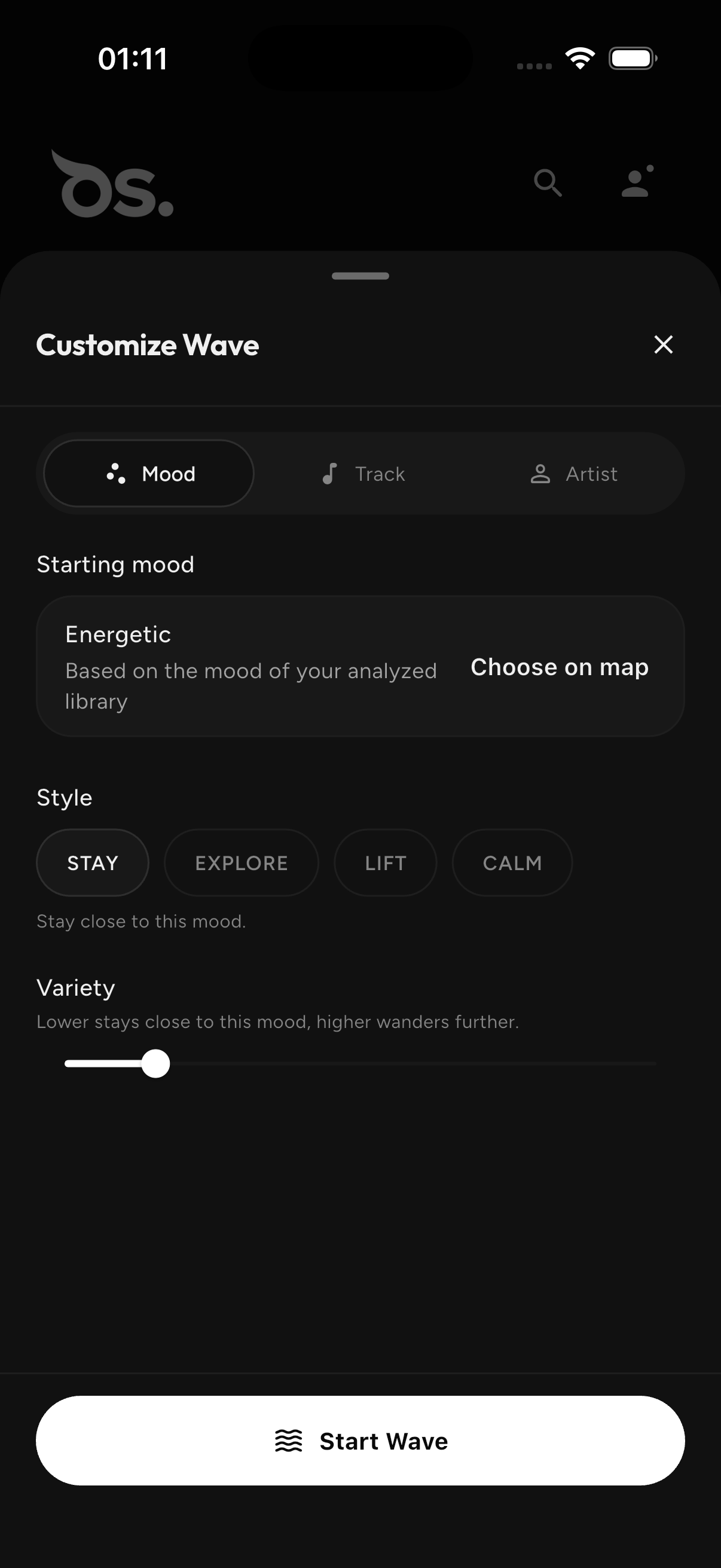 Customize Wave — mood, track or artist; style; variety